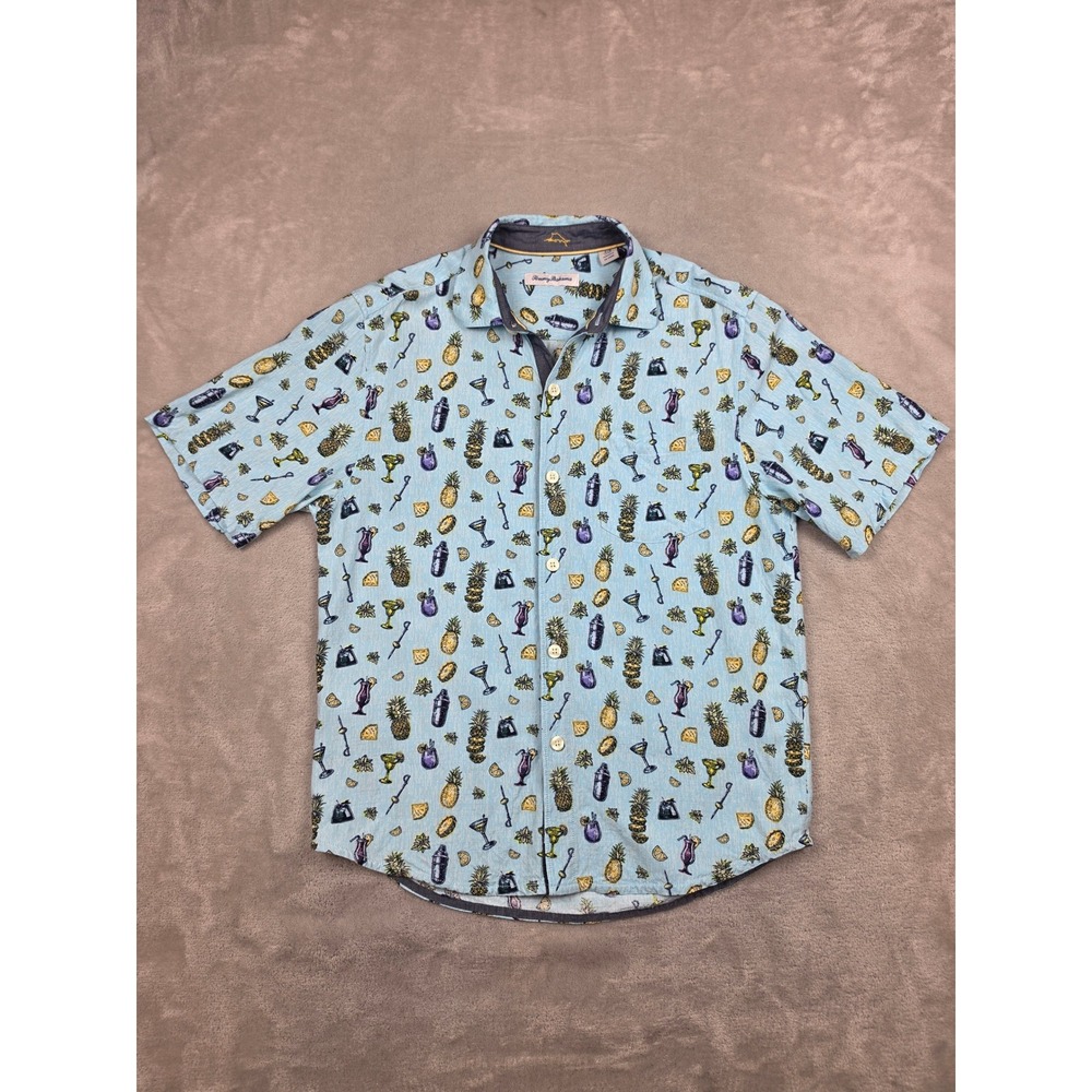 Tommy Bahama Button Up Shirt Mens Small Blue Pineapple Cocktail Lenzing Viscose